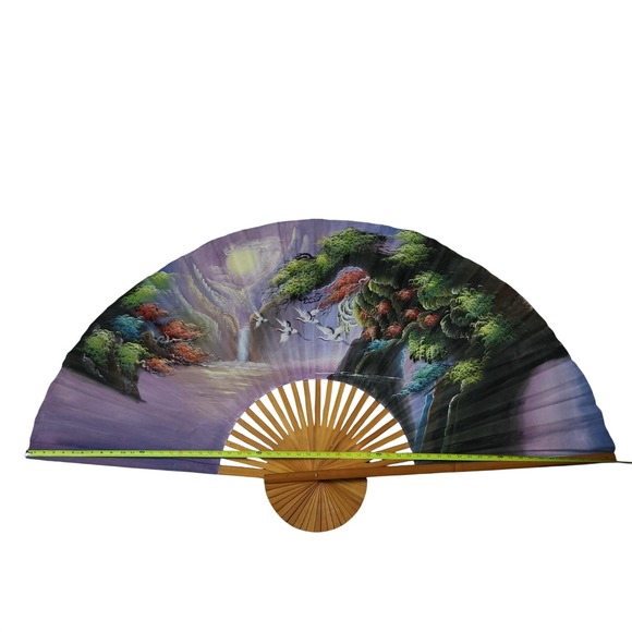 Vintage AsianFantasy Valley Large Bamboo & Silk Wall‎ Fan Handpainted 60"X35" - Picture 7 of 10